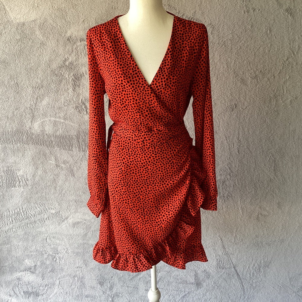 IVIVI Large Red Black Cheetah Animal Print Ruffle Long Sleeve Wrap Mini Dress